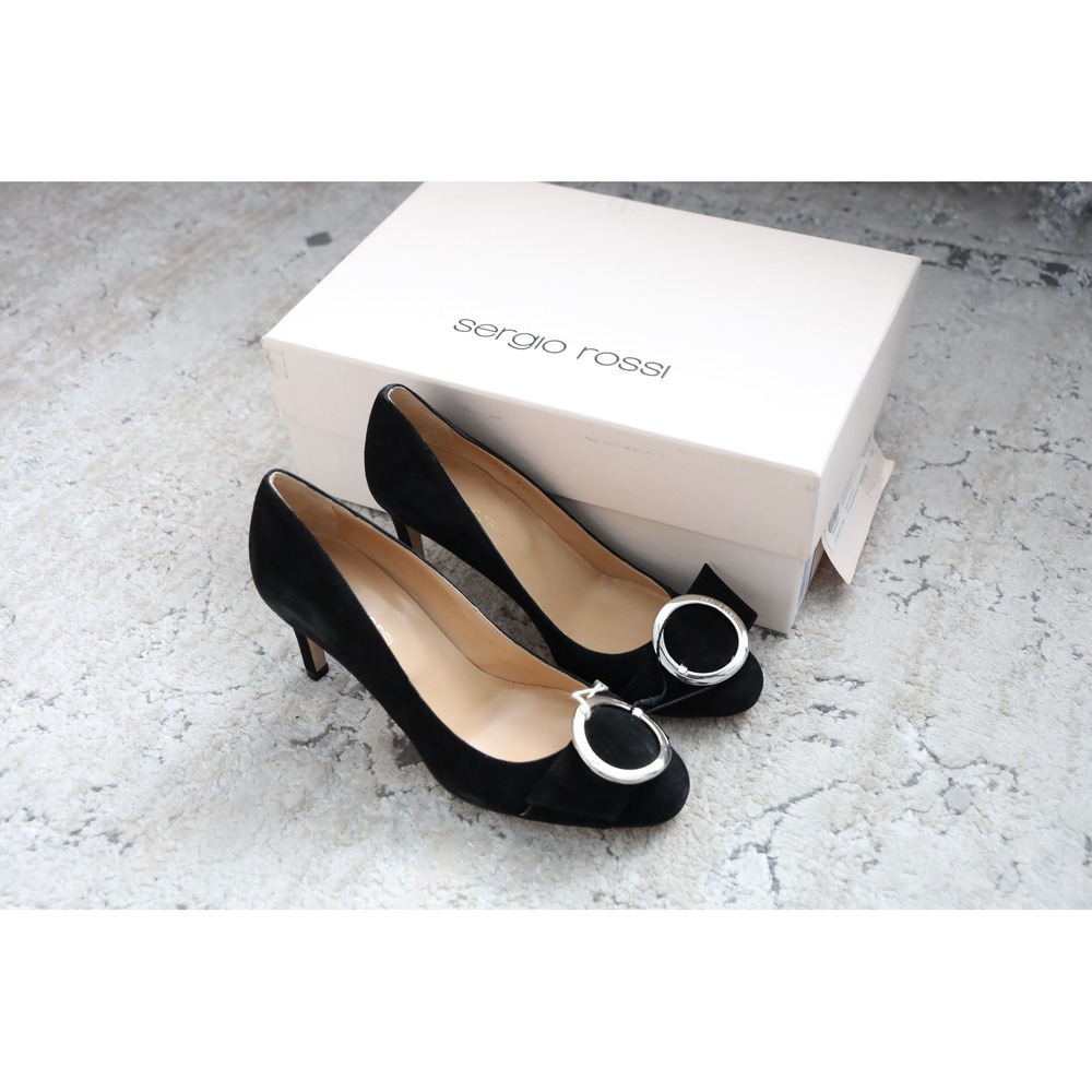 Sergio Rossi Black Suede Kitten Heels with Silver Buckle size EU 34.5‎ US 4.5